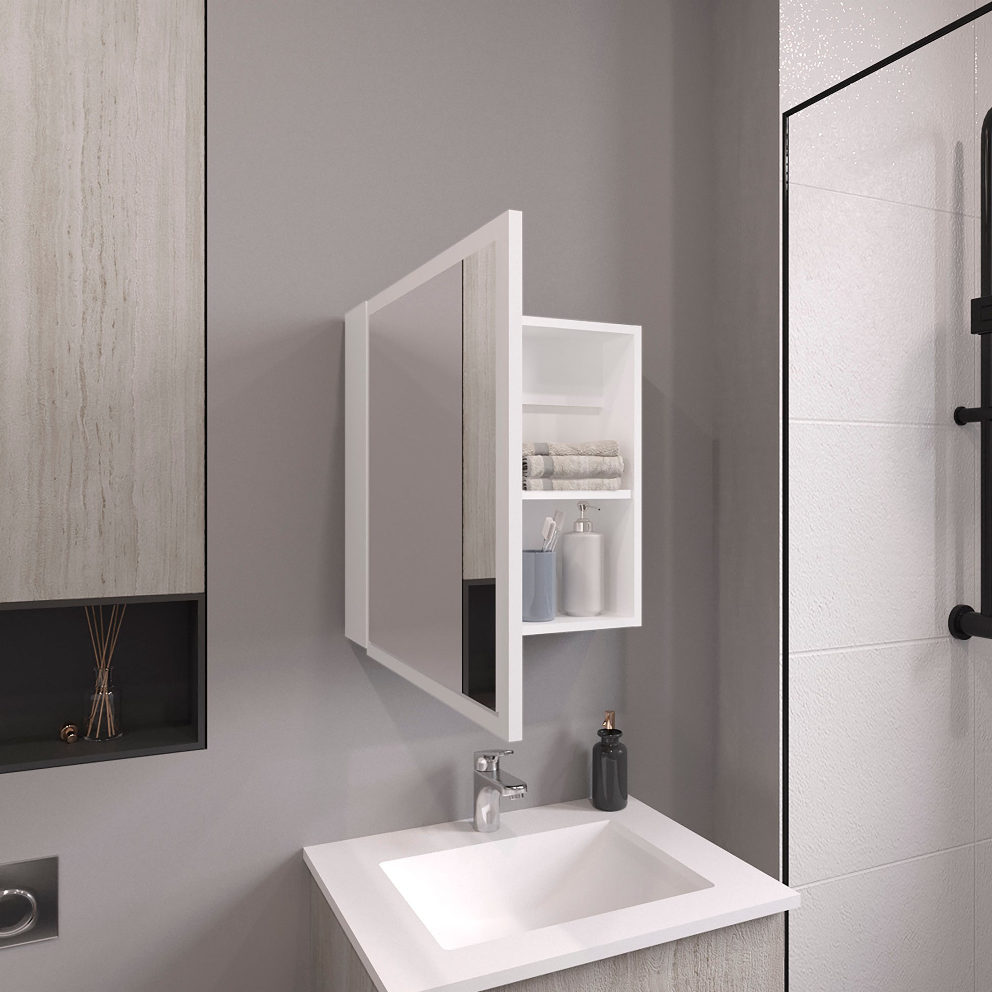 Duma 21.1" H X 19.7" W Mirror Medicine Cabinet, One Door With Four Interior Shelves For Bathroom, Kitchen White White Particle Board