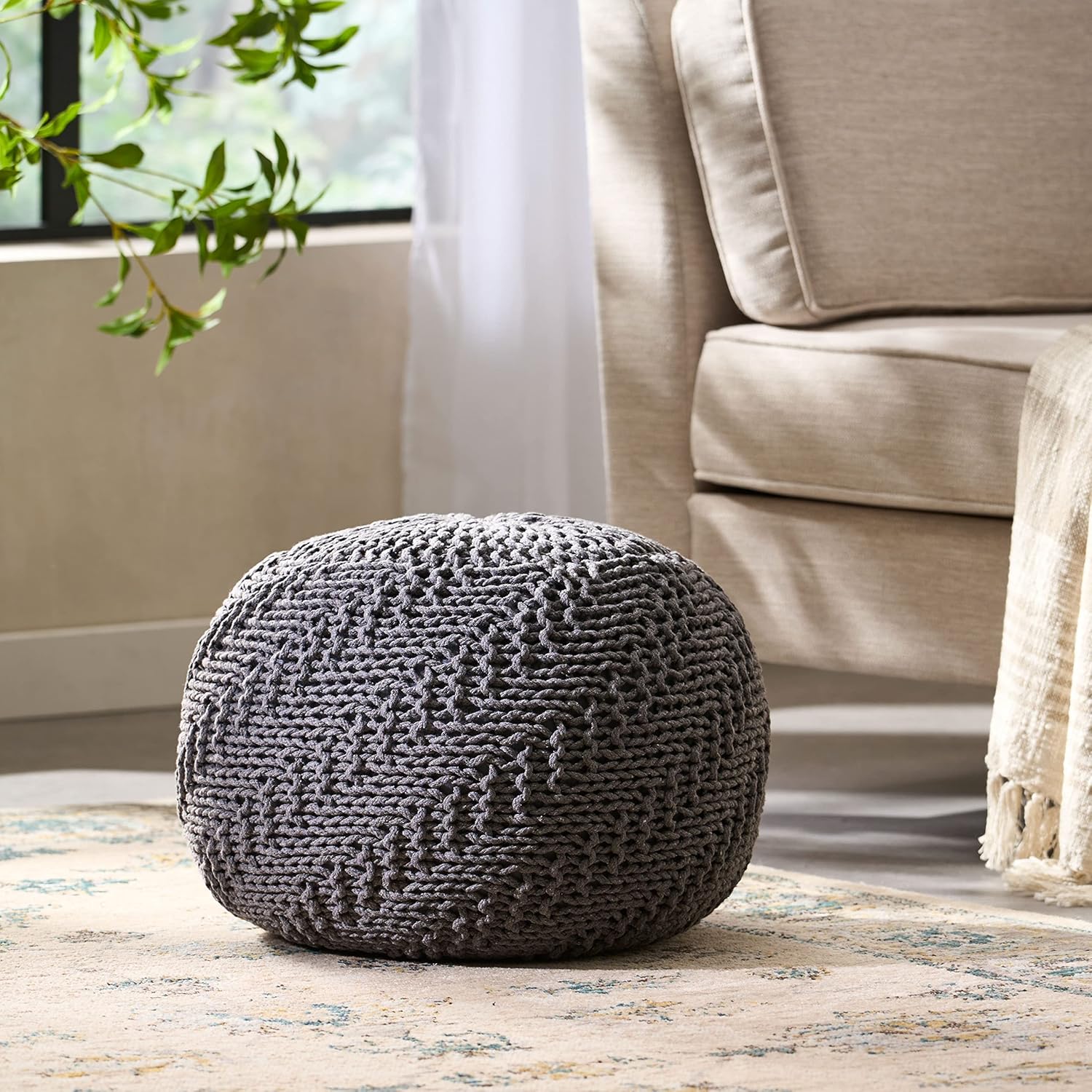 Hazel Knitted Pet Yarn 20 X 20 Round Pouf Dark Grey Pet