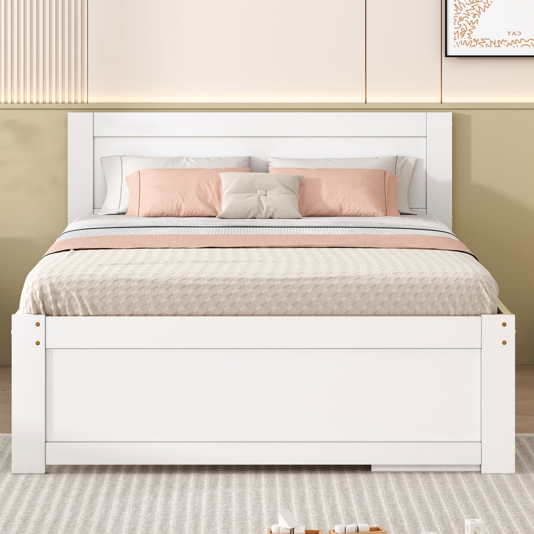 Full Size Platform Bed With Drawer And Two Shelves, White Full Antique White Mdf Lvl