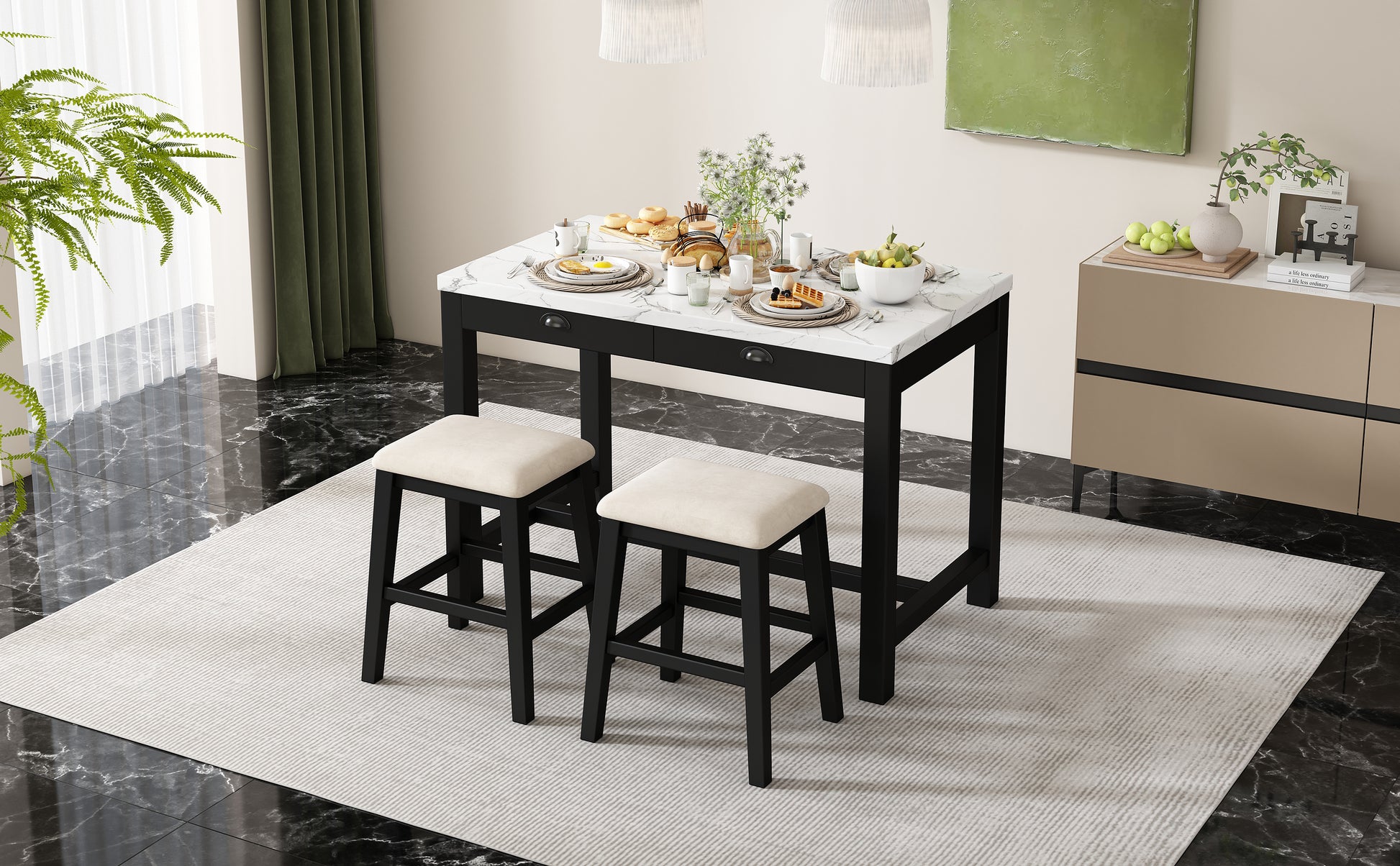 3 Piece Modern Faux Marble Versatile Bar Table Set With Storage Drawers And Padded Stools, Ideal For Space Saving Dining Nooks Or Small Kitchens Black Black Solid Wood Mdf