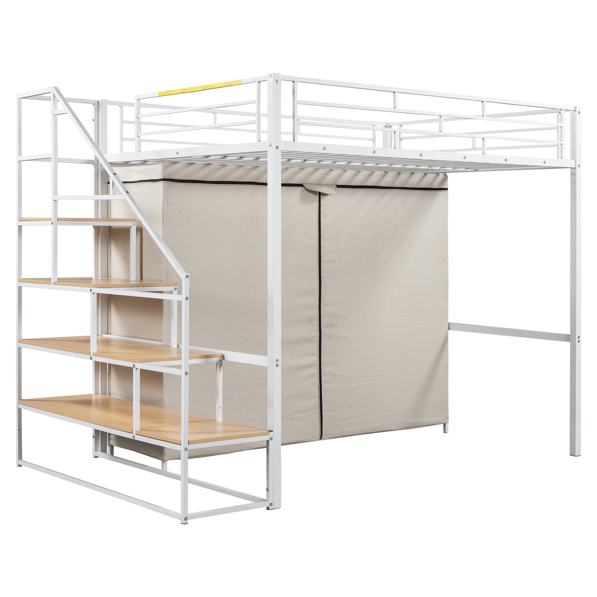 Full Size Metal Loft Bed With Wardrobe And Storage Shelves, White Box Spring Not Required Full White Metal Mdf Metal