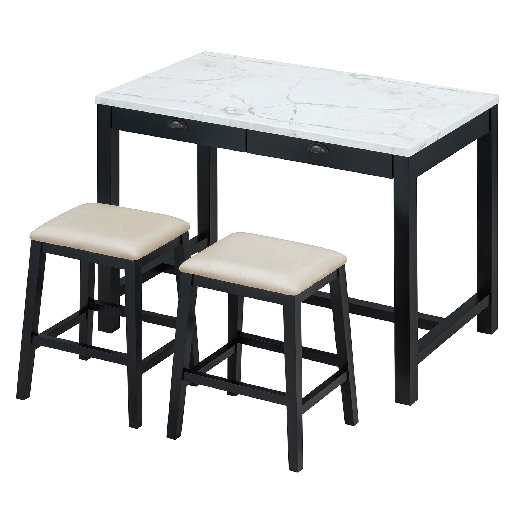 3 Piece Modern Faux Marble Versatile Bar Table Set With Storage Drawers And Padded Stools, Ideal For Space Saving Dining Nooks Or Small Kitchens Black Black Solid Wood Mdf