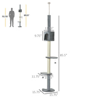 Pawhut 85.5" Cat Tree Height Adjustable Floor To Ceiling 4 Tier Kitty Climbing Activity Center Condo Cat Toy With Scratching Post Hanging Balls Play Rest Post Pet Furniture Grey Light Grey Particle Board