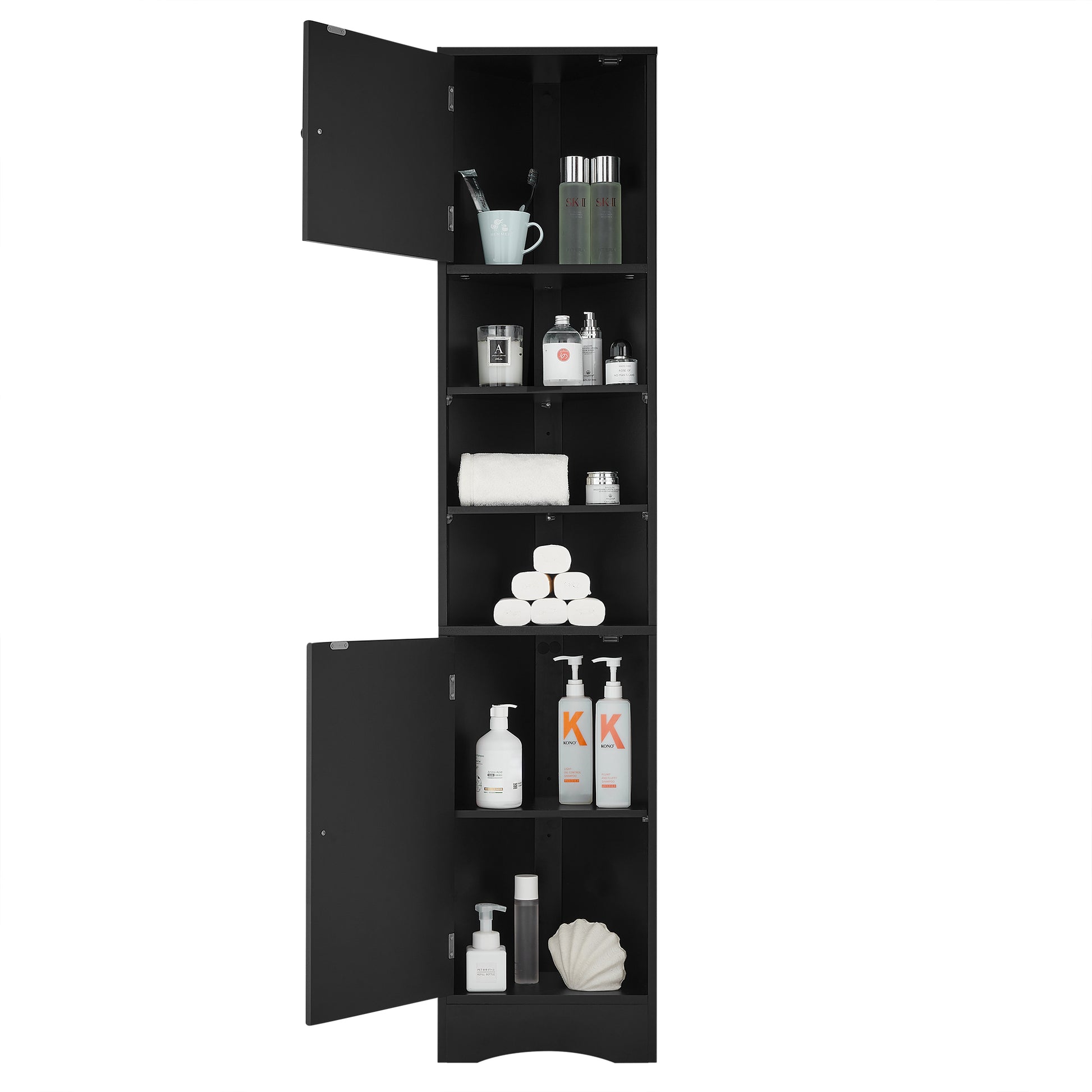 Multi Functional Corner Cabinet Tall Bathroom Storage Cabinet With Two Doors And Adjustable Shelves, Open Shelf, Black Black Mdf