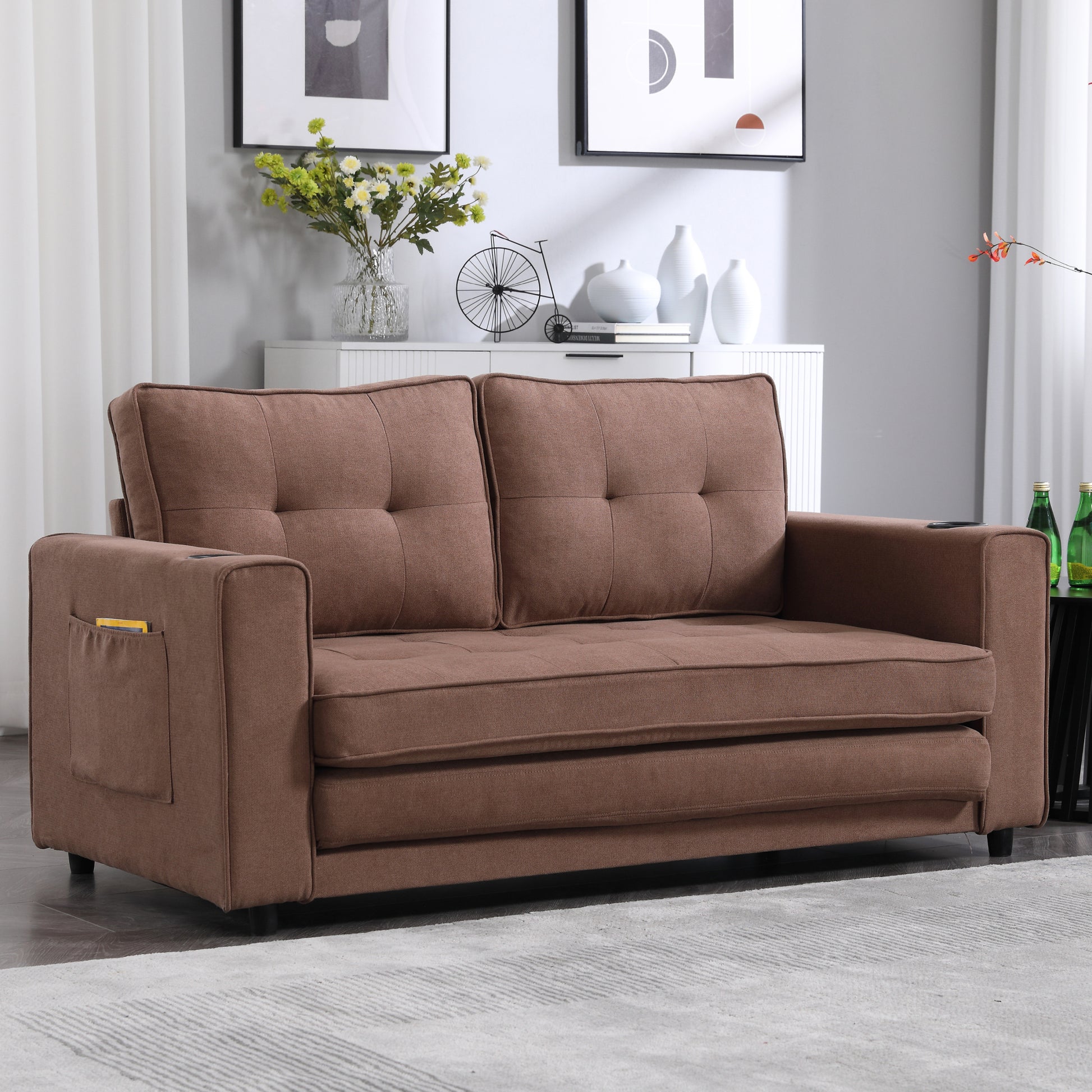 3 In 1 Upholstered Futon Sofa Convertible Floor Sofa Bed,Foldable Tufted Loveseat With Pull Out Sleeper Couch Bed,Folding Mattres Beautiful Seat Daybed W Side Pockets For Living Room, Brown Brown Foam Fabric 2 Seat