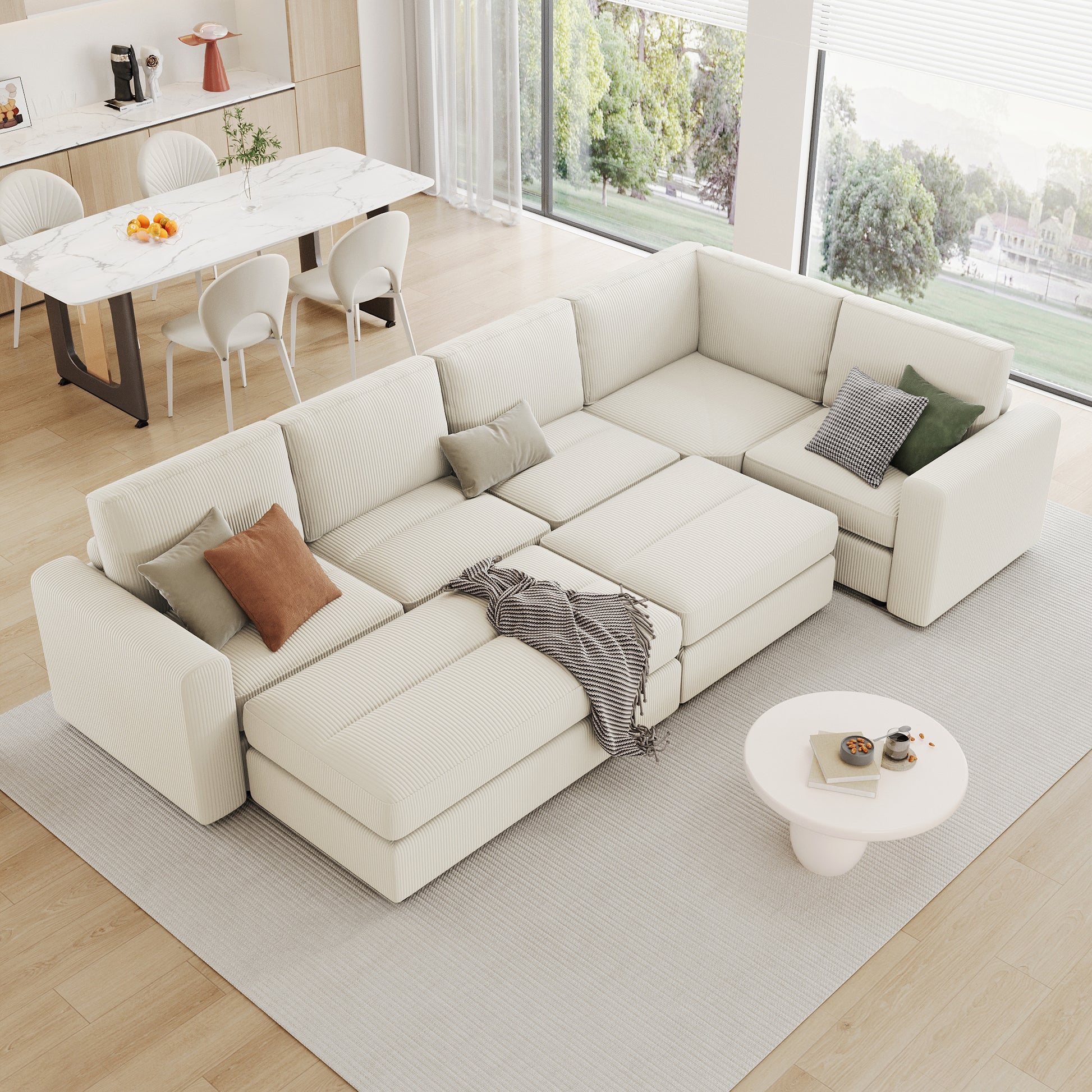 121.3" Sectional Couch Sofa Bed Modular Sofa With Two Movable Ottomans For Living Room Old Sku:N719S001640A , Beige Beige Foam Corduroy 7 Seat