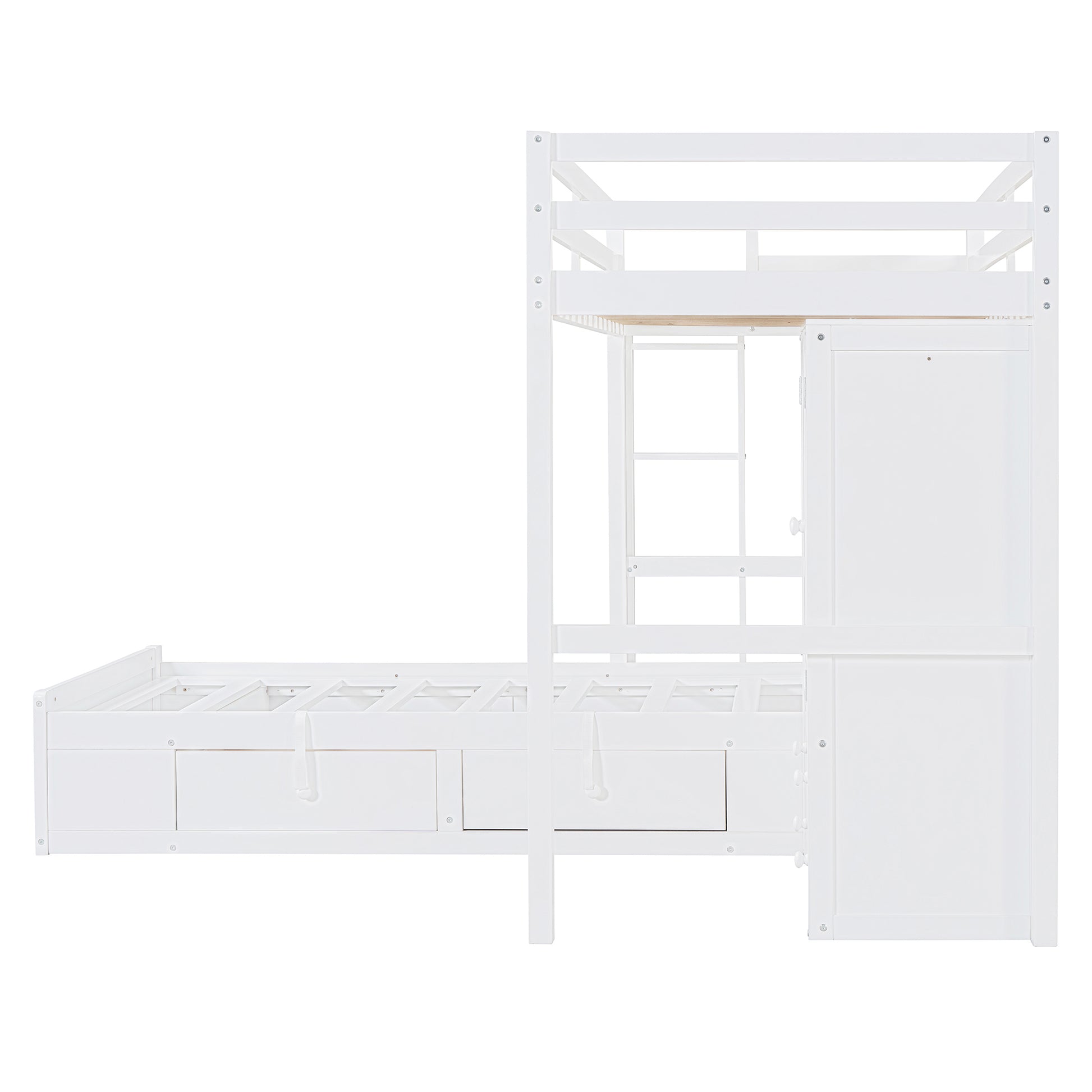 Twin Bunk Bed With Drawers, Wardrobe, Storage Shelves And Hydraulic Bed,White White Mdf Lvl