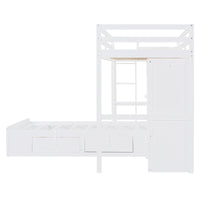 Twin Bunk Bed With Drawers, Wardrobe, Storage Shelves And Hydraulic Bed,White White Mdf Lvl