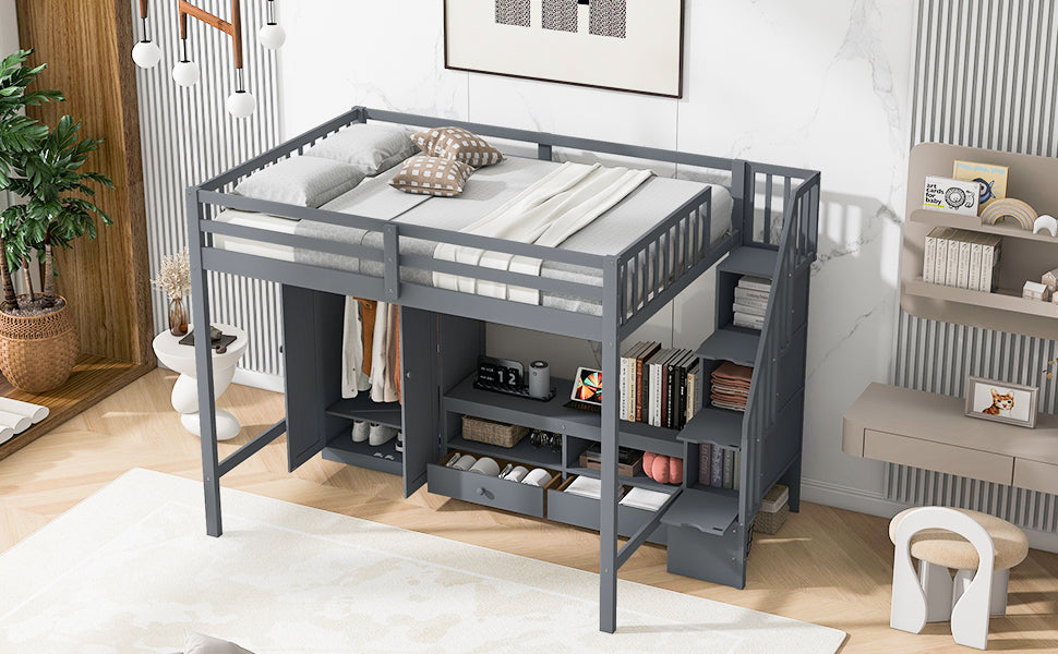 Full Size Loft Bed Frame With Wardrobe,Low Storage Table And Storage Staircase,Gray Expected Arrival Time:10.20 Gray Solid Wood Mdf