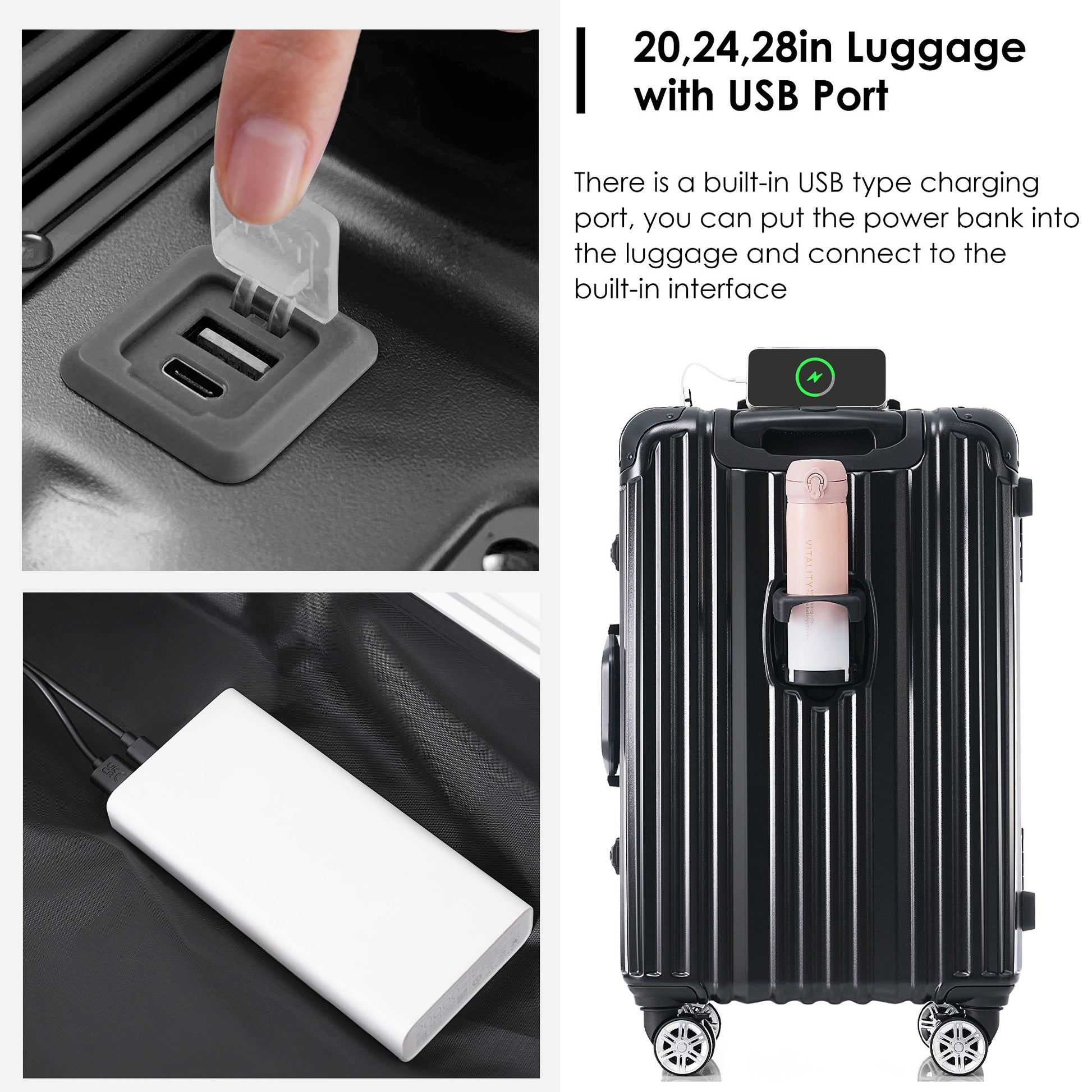 1Pc 24In Aluminum Frame Luggage With Usb Port, Vacation Carry On Suitcase With Spinner Wheels And Tsa Lock, Travel Trolley Case For Short Business Trips, Beach Holidays, Black Black Abs Pc