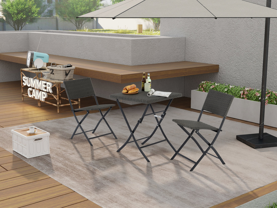Rattan Patio Bistro Set, 3 Piece Foldable Outdoor Patio Furniture Sets, With Folding Table And Two Chairs, For Garden, Backyard, Pool, Lawn, Porch, Balcony, All Weather Rattan Style Gray Pe Rattan Iron