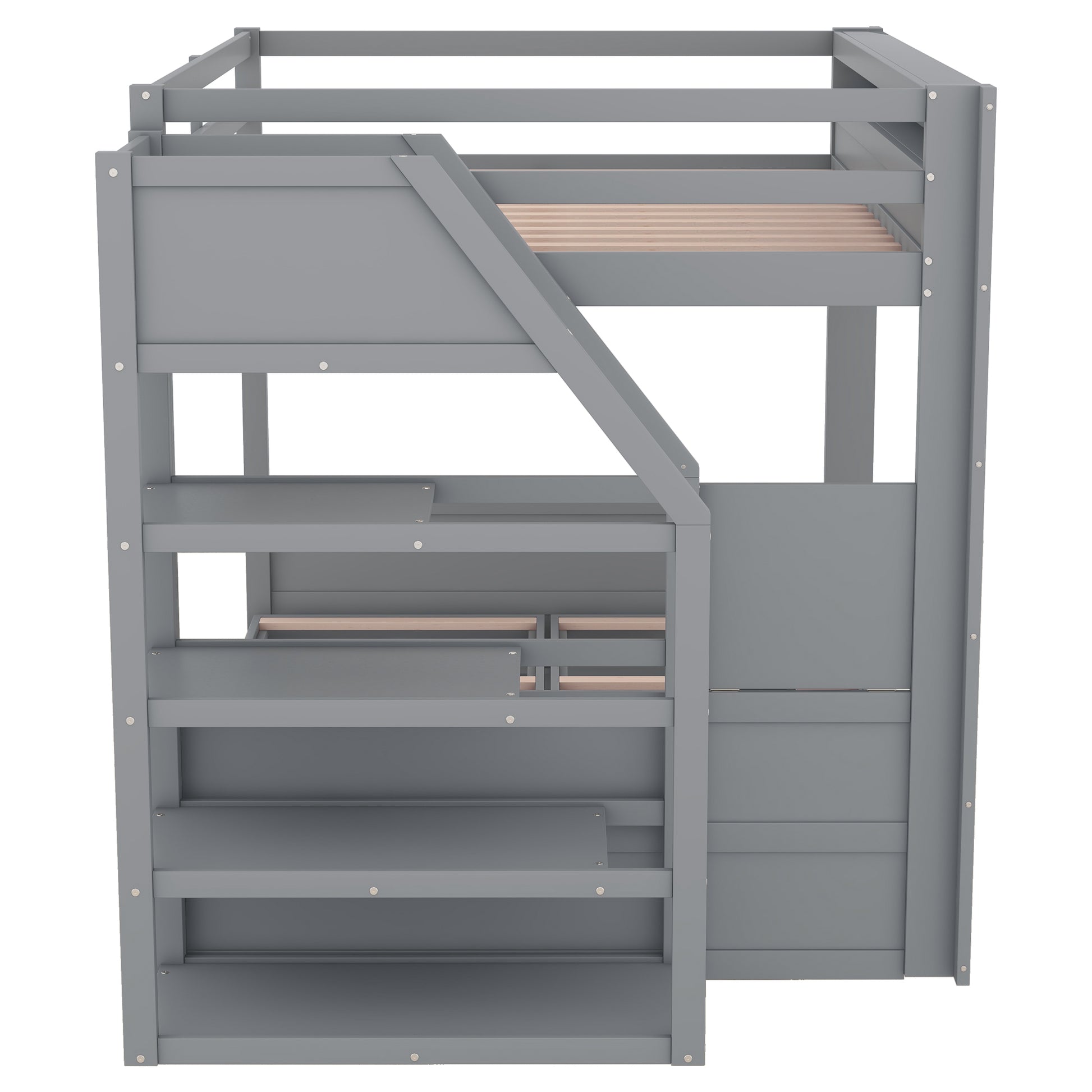 Wood Full Size Convertible Bunk Bed With Storage Staircase, Bedside Table, And 3 Drawers, Gray Gray Solid Wood Mdf