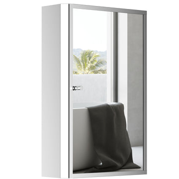 Homcom Bathroom Mirrored Cabinet, Vertical 16" X 24" Stainless Steel Frame Medicine Cabinet, Wall Mounted Storage Organizer With Single Door Silver Stainless Steel