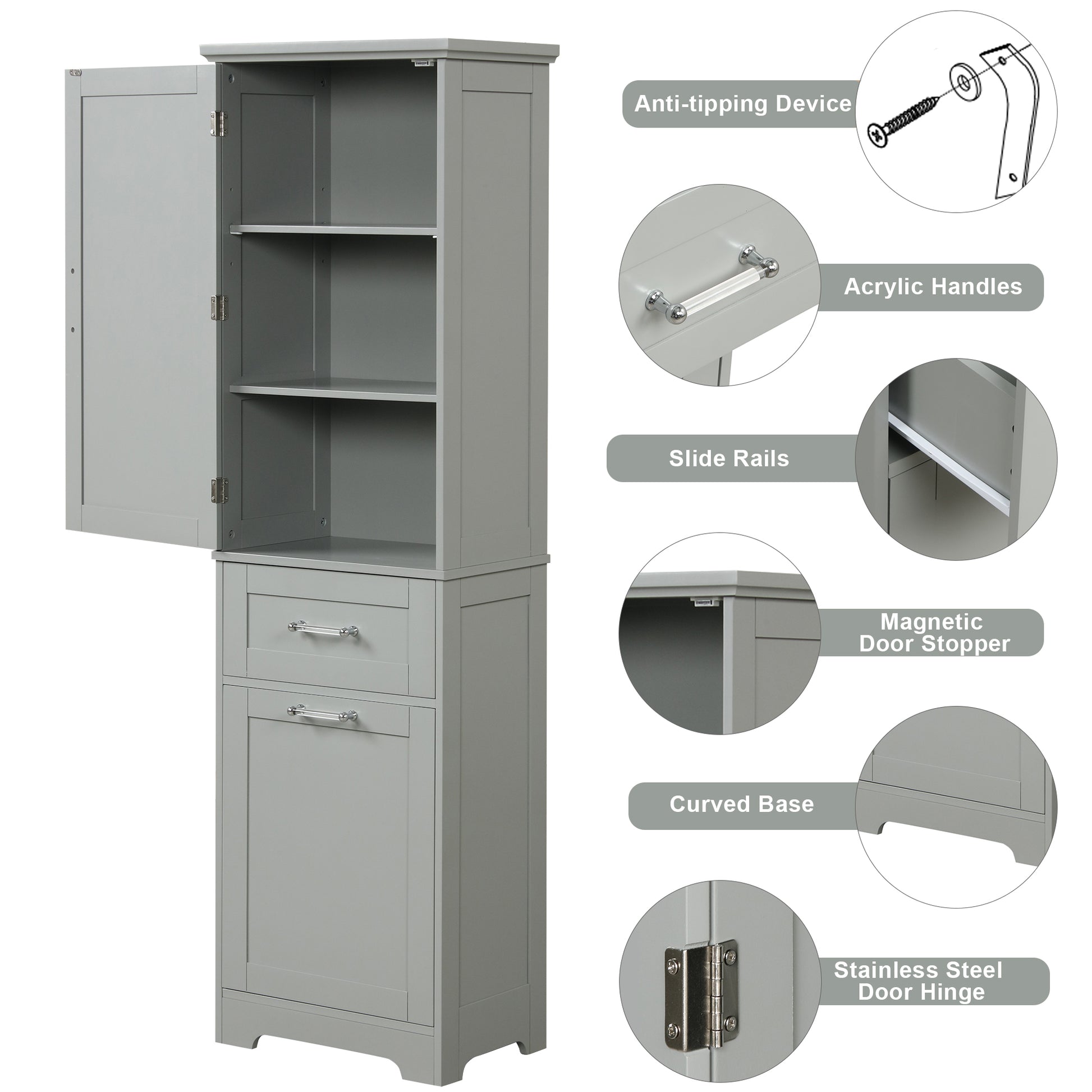 Tall Bathroom Storage Cabinet, Freestanding Storage Cabinet With Two Different Size Drawers And Adjustable Shelf, Mdf Board With Painted Finish, Grey Grey Mdf