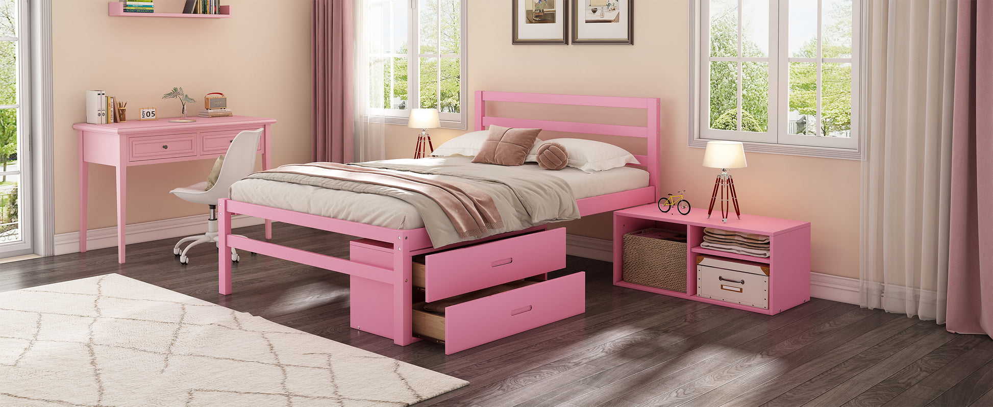 Full Size Wood Platform Bed With Removable Storage Shelves, Built In Two Storage Drawers For Added Convenience, Pink Full Pink Wood