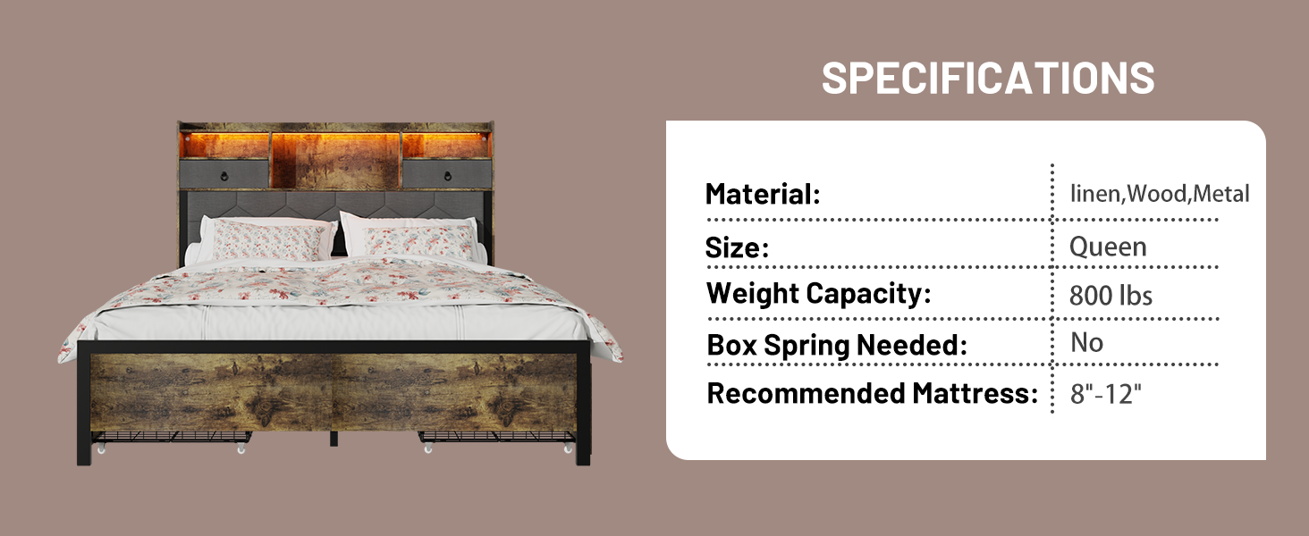 Bed Frame Queen Size With Drawers And Charging Station, Upholstered Platform Bed With Storage Headboard And Led Light, Heavy Duty Metal Frame Support, No Box Spring Needed, Noise Free, Vintage Brown