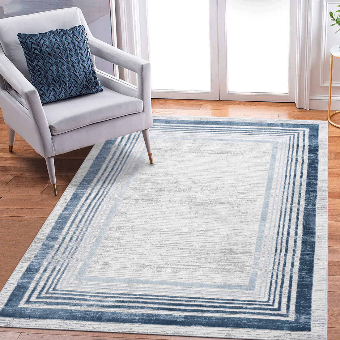 5X7 Blue Ivory Bordered Non Shedding Living Room Bedroom Dining Home Office Stylish And Stain Resistant Area Rug Blue Polyester