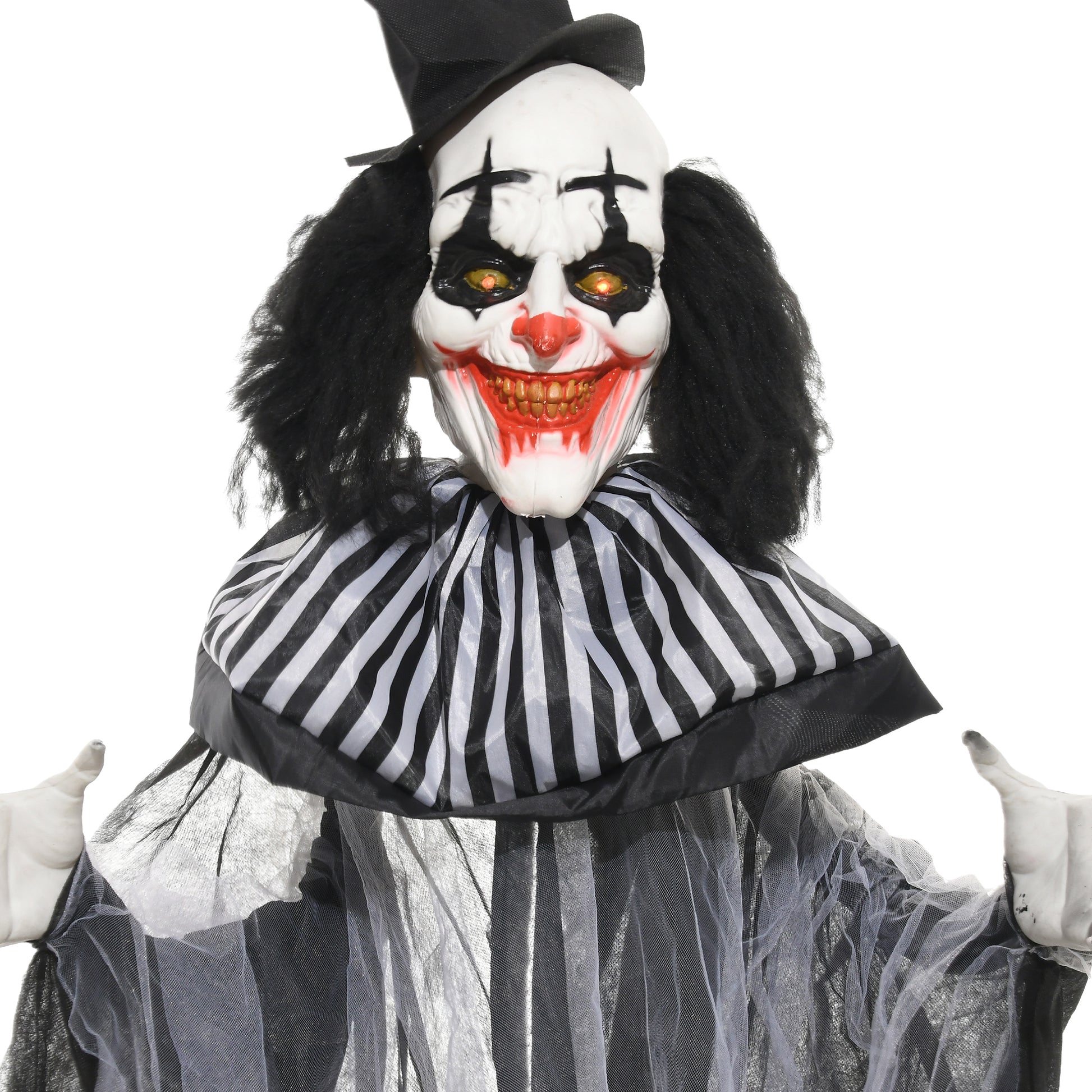 Homcom 6' Life Size Outdoor Halloween Decoration, Classic Black And White Striped Clown Animatronic, Sound And Motion Activated Animated Prop With Light Up Eyes & Sounds Black Polyester