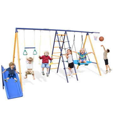 500 Lbs 7 In 1 Swing Set For Kids Backyard Outdoor A Frame Heavy Duty Metal Swing Sets With Slide, 2 Swing Seats, 1 Climbing Net & Ladder, 1 Gym Ring, 1 Basket Multicolor Steel