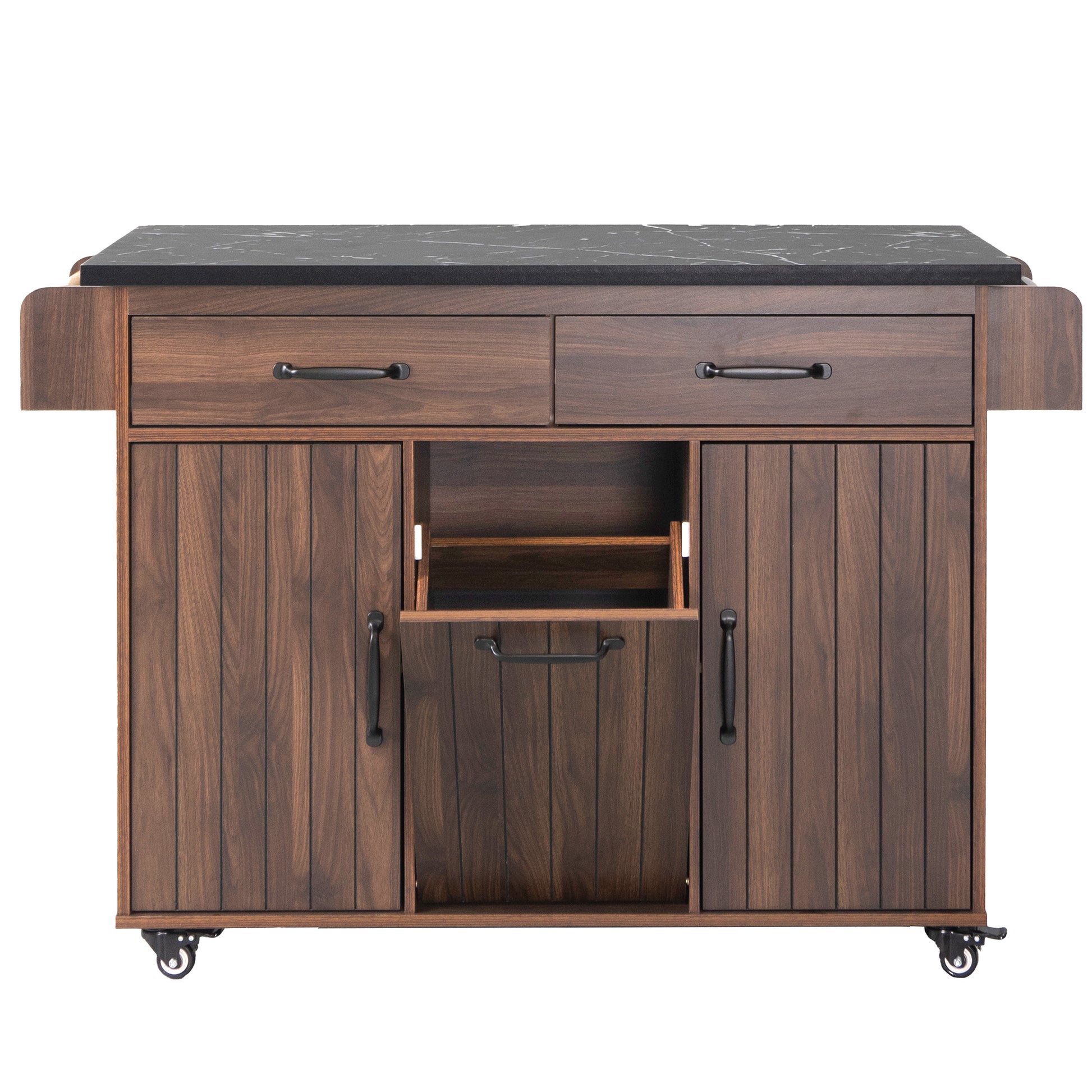 K&K Kitchen Island With Trash Can Storage Cabinet, Kitchen Cart With Drop Leaf, Spice Rack, Towel Rack And Drawer, Rolling Kitchen Island On Wheels With Adjustable Shelf, Walnut Brown Walnut Brown