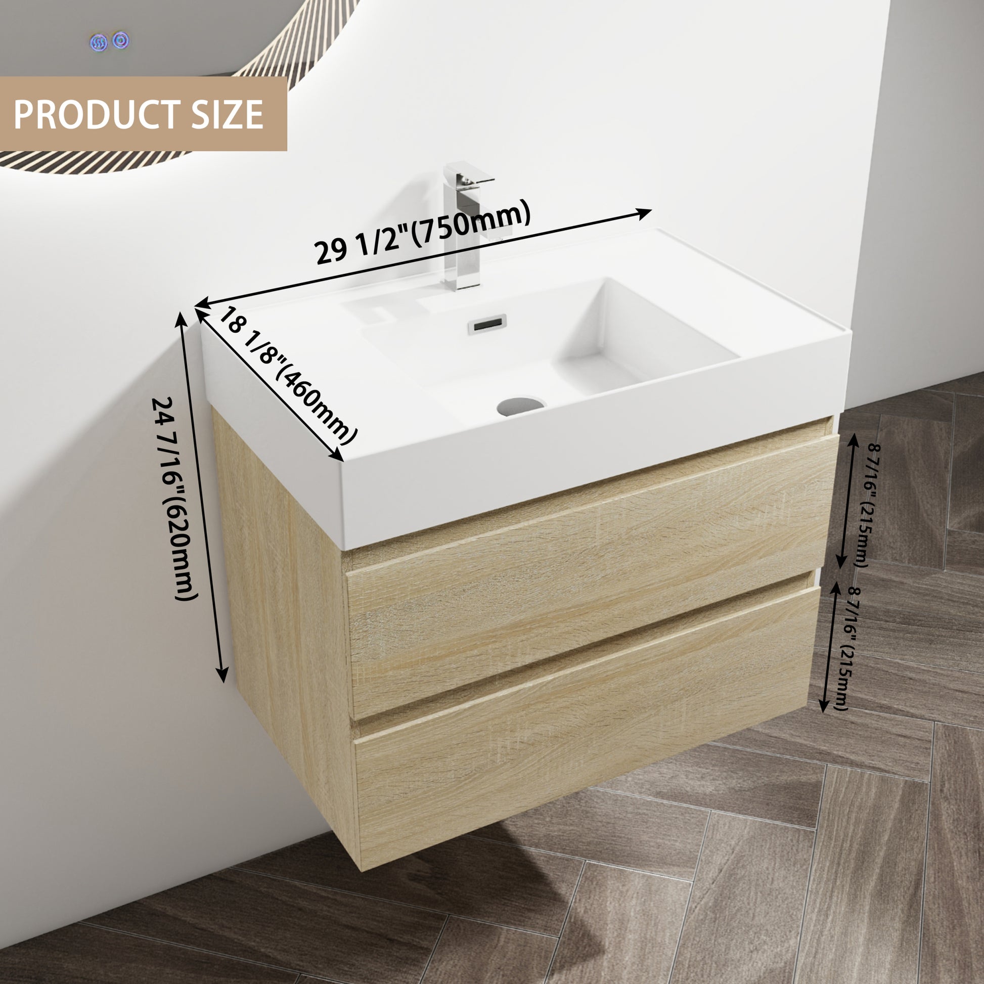 30" Wall Mounted Bathroom Vanity With Resin Sink, 2 Soft Close Drawers, Kd Package 2 Light Oak Bathroom Wall Mounted Modern Plywood