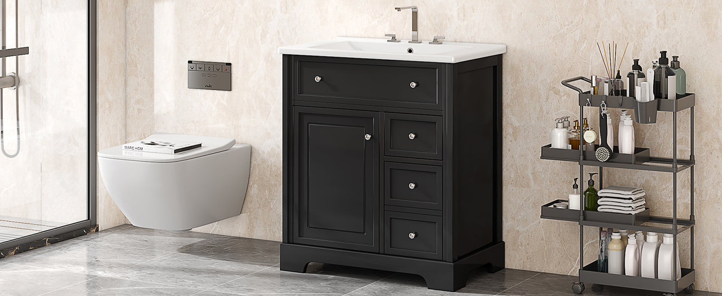 30" Bathroom Vanity With Sink Top, Bathroom Vanity Cabinet With Door And Two Drawers, Mdf Boards, Solid Wood, One Package, Black Black Solid Wood Mdf