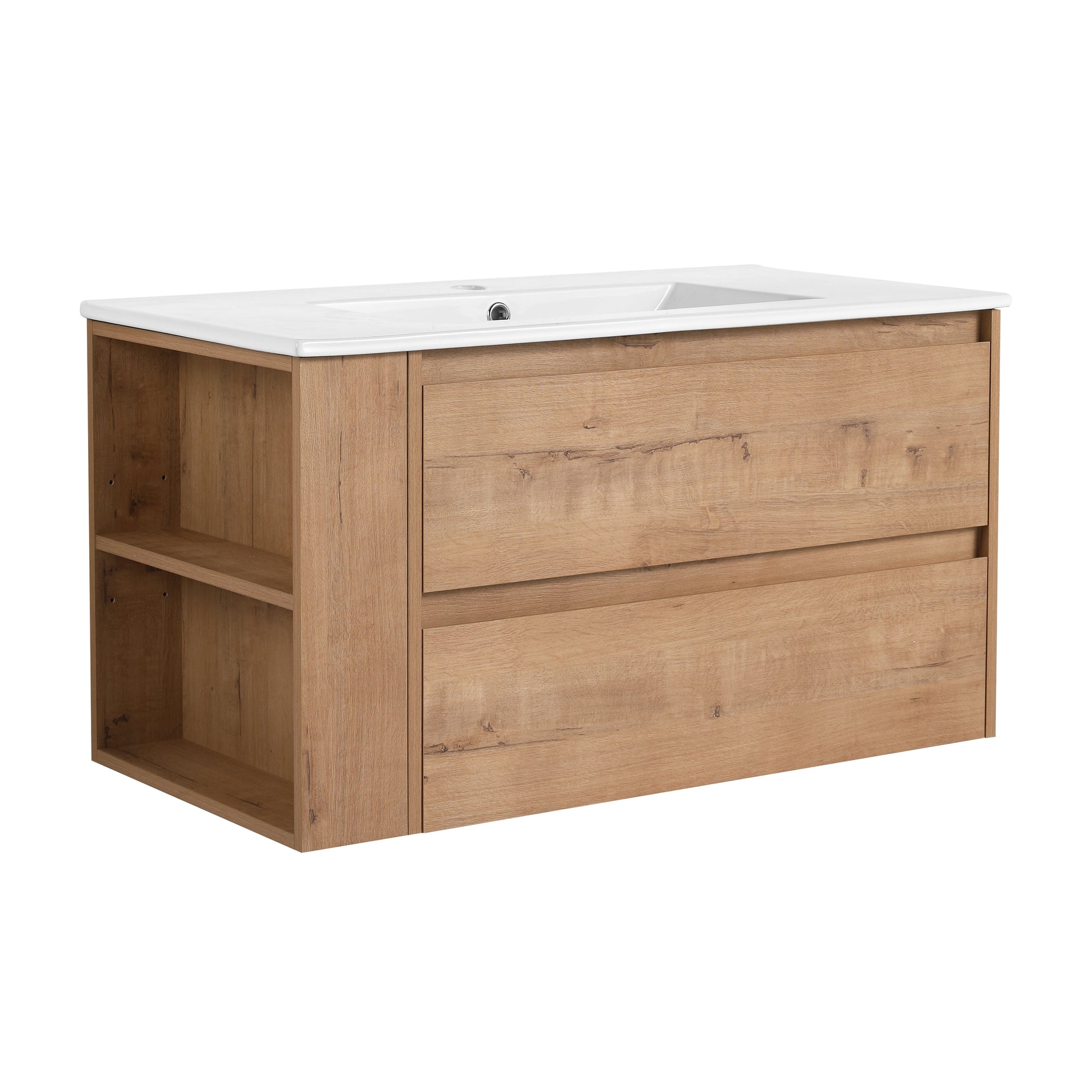 36" Wall Mounting Bathroom Vanity With Ceramic Sink, Soft Close Drawer 2 Imitative Oak 1 Bathroom Wall Mounted Modern Plywood