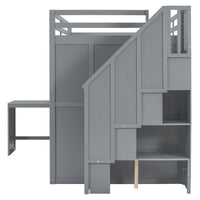 Full Size Bunk Bed With Wardrobe,Desk And Shelves,Grey Grey Mdf Lvl