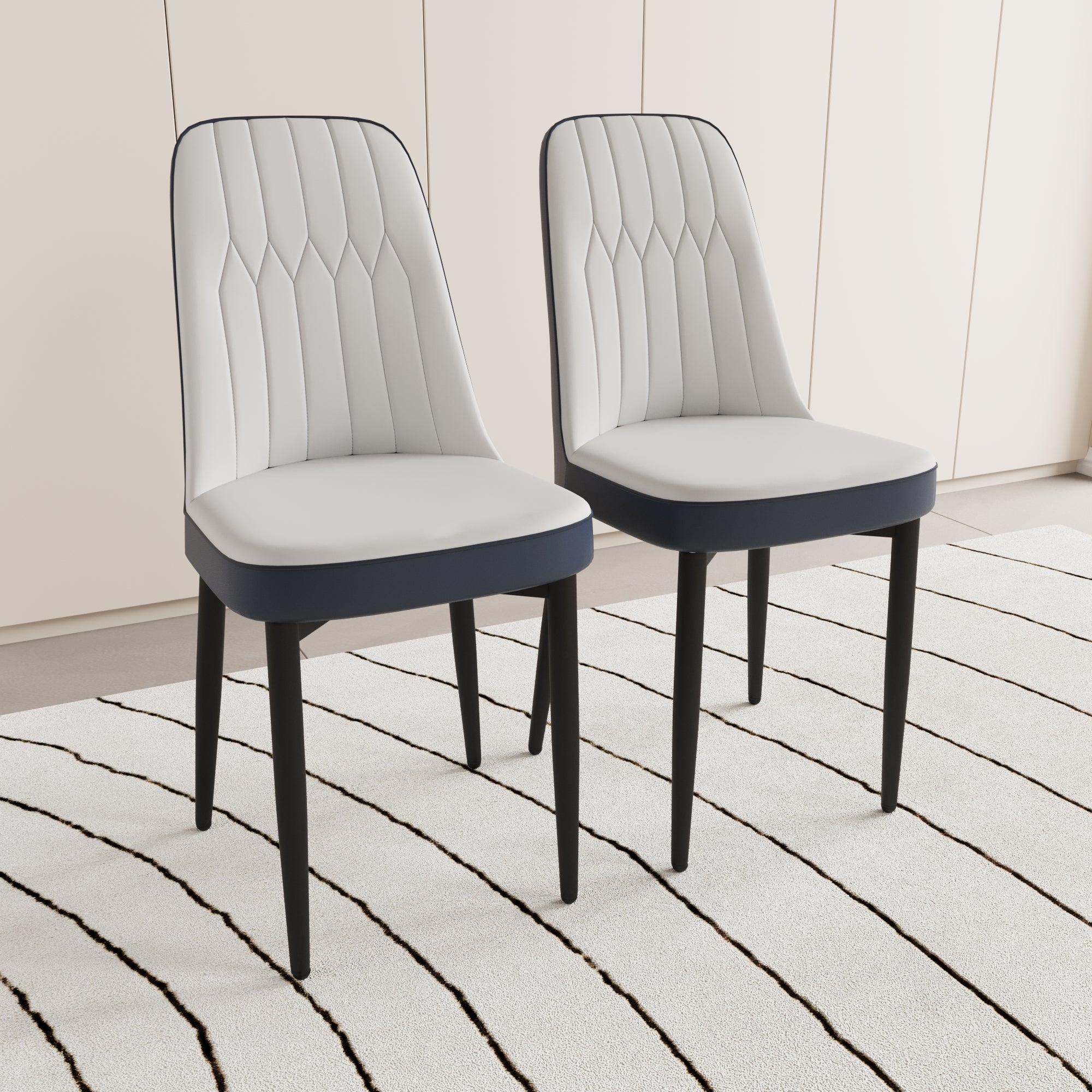 A Set Of 2 Dining Chair, Modern Style Chair Made Of High Quality Pu Leather Fabric With Thick Soft Cushions, Black Metal Leg Kitchen Chair, Dining Room Kitchen Dining Chair White And Blue Metal Blue