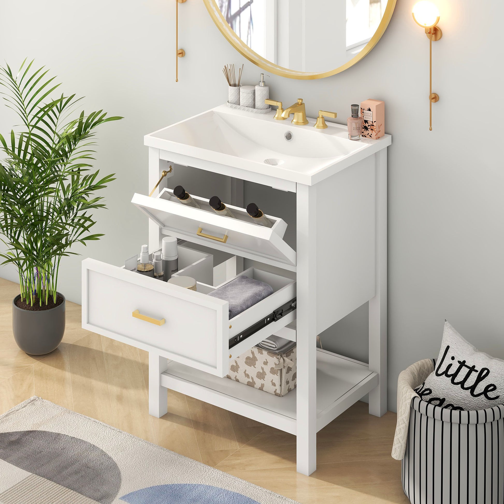 24'' Bathroom Vanity With Top Sink, Modern Bathroom Storage Cabinet With 2 Drawers, Single Sink Bathroom Vanity 2 White 1 Adjustable Hinges Bathroom Freestanding Mdf Painted