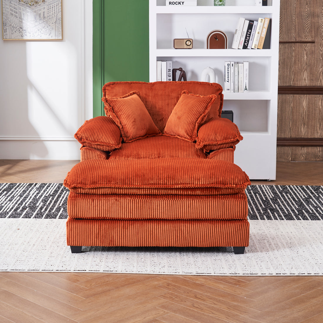 56.3 Inch Corduroy Single Sofa With 2 Toss Pillows And A Ottoman ,Comfy Sofa Deep Seat Couch For Living Room Orange Foam 1 Seat