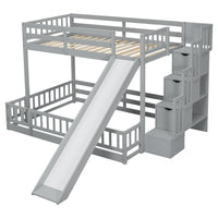 Twin Over Full Bunk Bed With Slide, Storage Staircase, Pine Solid Wooden Bunk Bed With Safety Guardrails ,Grey Grey Pine