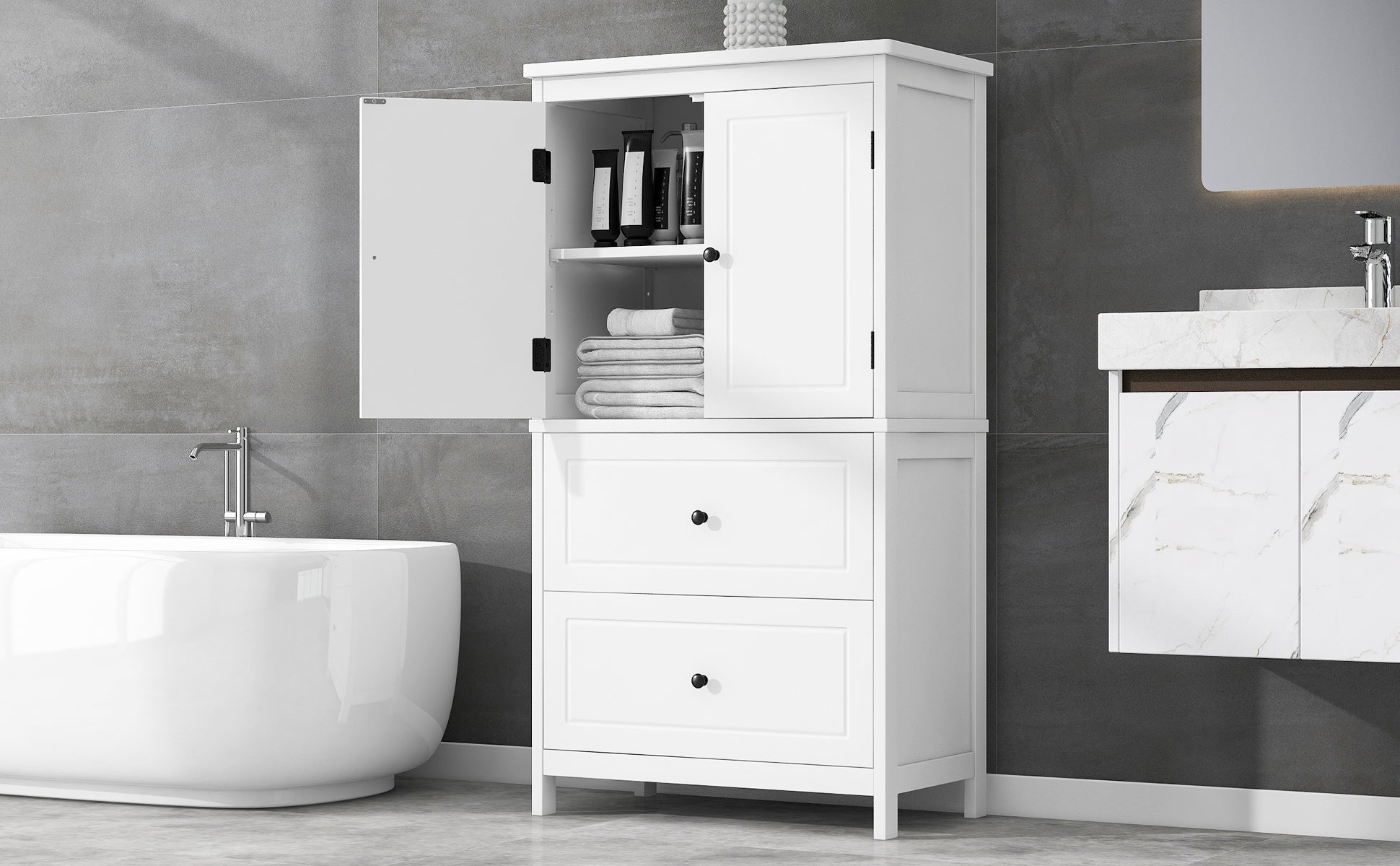 Bathroom Storage Cabinet, Cabinet With Two Doors And Drawers, Adjustable Shelf, Mdf Board, White White Mdf