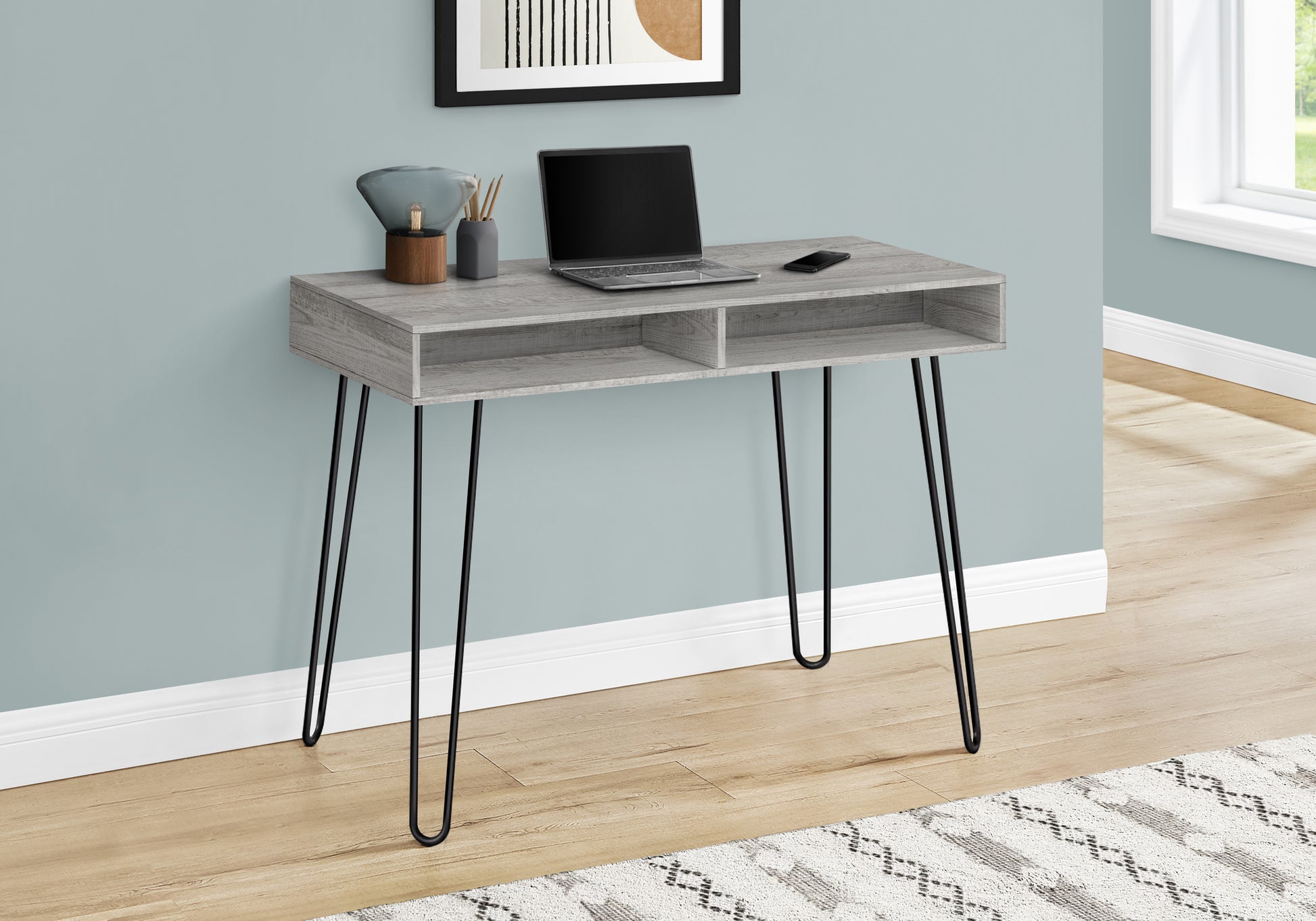 Computer Desk, Home Office, Laptop, Left, Right Set Up, Storage Drawers, 40"L, Work, Grey Laminate, Black Metal, Contemporary, Modern Grey Particle Board