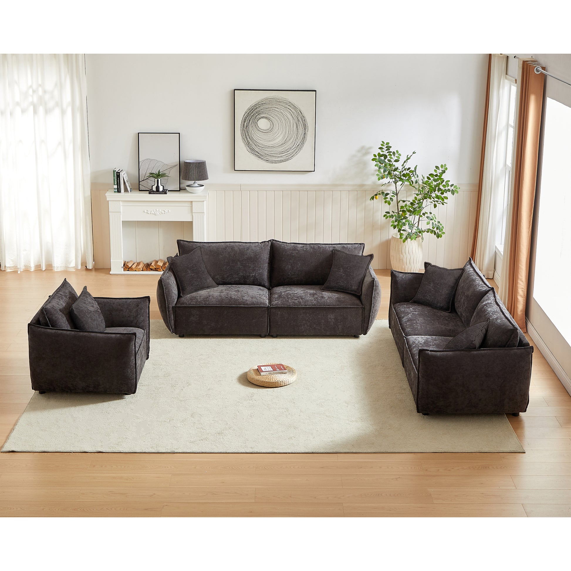 3 Seater 3 Seater 1 Seater Combo Sofa Modern Living Room Sofa, Linen Fabric Sofa, Wooden Frame With 5 Pillows, Apartment Sofa Furniture Black Linen Wood Primary Living Space Pine Foam Fabric 7 Seat