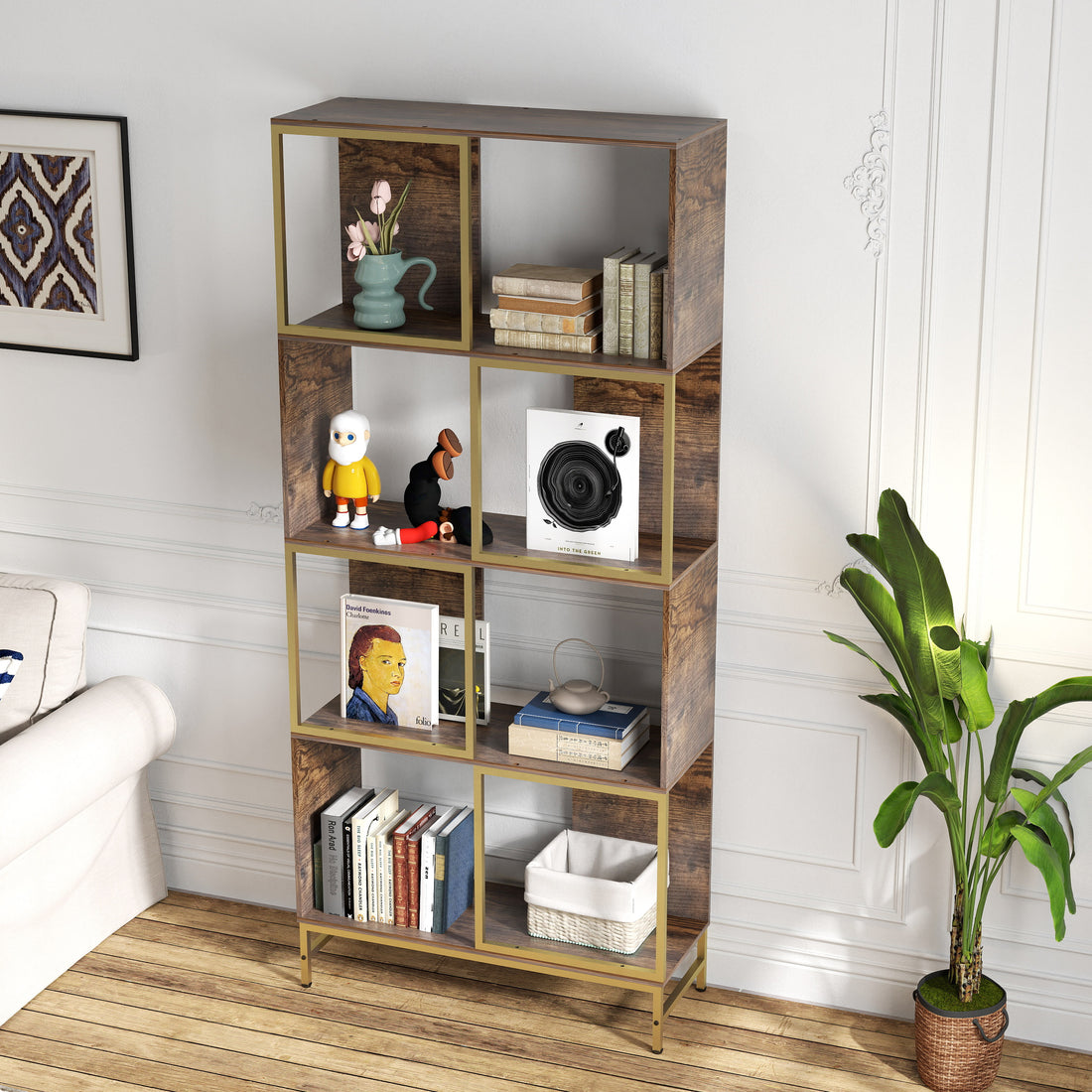 4 Tier Industrial Bookcase, Rustic Wood And Metal Frame, Asymmetrical Shelf Design, Display Storage Shelf For Living Room, Home Office, Small Space Brown Gold Primary Living Space Metal & Wood