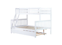 Twin Over Full Rubber Wood Bunk Bed With Trundle, Convertible Ladder And Guardrail, Detachable, Convertible Bed, With Twin Size Trundle ,White Twin White Rubber Wood