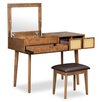 43.3" Classic Wood Makeup Vanity Set With Flip Top Mirror And Stool, Dressing Table With Three Drawers And Storage Space, Brown Brown Solid Wood Mdf