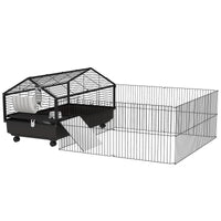 Pawhut Small Animal Cage With Foldable Run Area, Rolling Bunny Cage, Guinea Pig Cage, Hedgehog Cage With Water Bottle, Water Bowl, And Ramps, 46.5" Black Steel