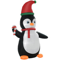 Homcom 8Ft Christmas Inflatables Outdoor Decorations Penguin With Candy Cane, Blow Up Yard Christmas Decor With Led Lights Display Multicolor Polyester