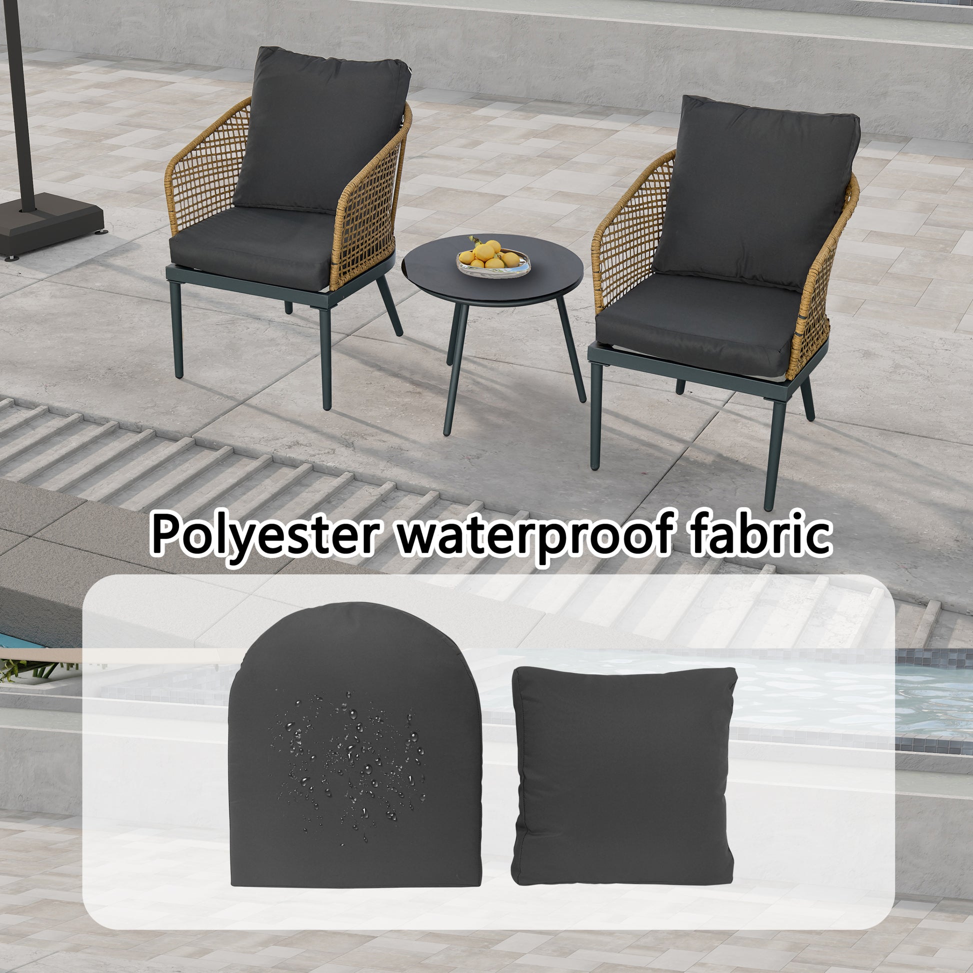 Outdoor Wicker Chairs And Table Bistro Conversation Furniture Set, 3 Pieces For Porch, Balcony, Deck, Patio, Backyard, Natural Color Gray Aluminum