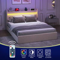 Queen Bed Frame With Storage Upholstered Headboard And 4 Drawers, Velvet Upholstered Platform Bed With Led Lights & Charging Station, Stable & Easy Assembly, No Box Spring Needed, Beige Box Spring