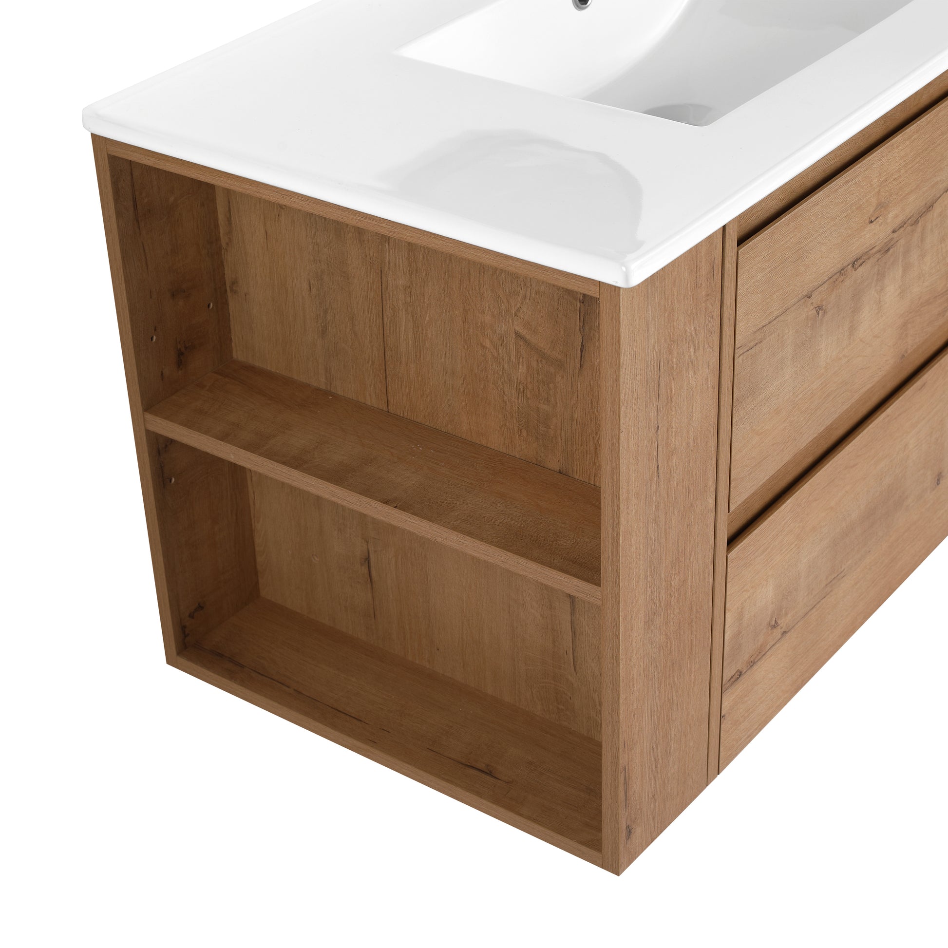 36" Wall Mounting Bathroom Vanity With Ceramic Sink, Soft Close Drawer 2 Imitative Oak 1 Bathroom Wall Mounted Modern Plywood