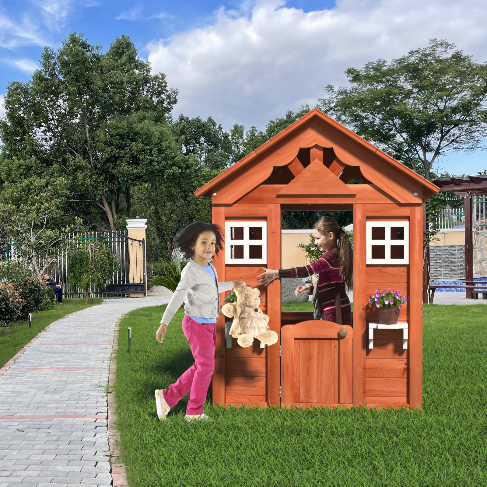 Wooden Kids Playhouse With 2 Windows And Flowerpot Holder,42"Lx46"Wx55"H,Golden Red Golden Solid Wood