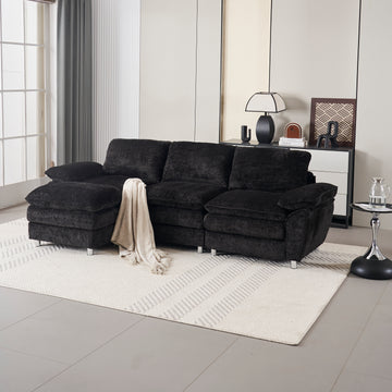 Modern Deep 3 Seat Sofa Couch With Ottoman, Polyester Sofa Sleeper Comfy Upholstered Furniture For Living Room, Apartment, Studio, Office,Dark Black Black Polyester 3 Seat