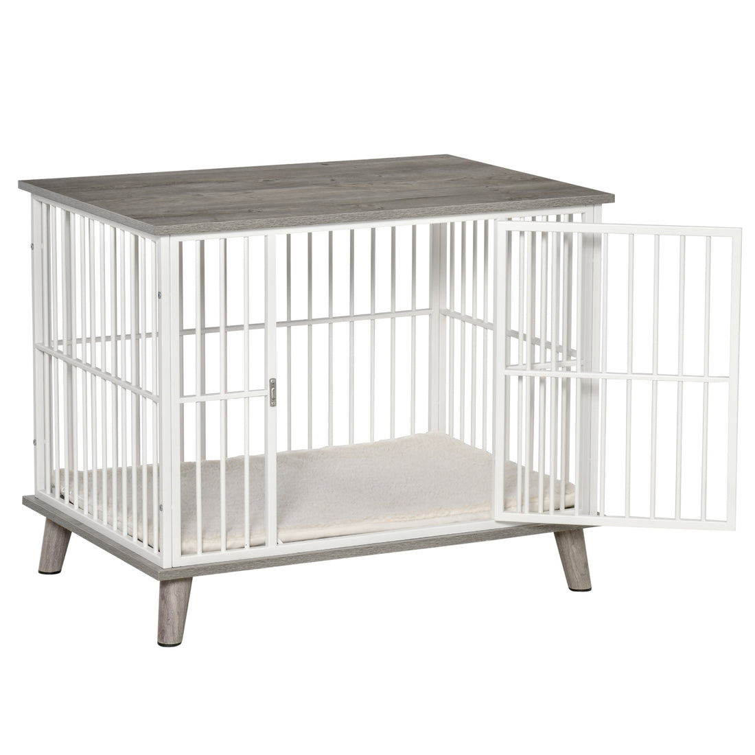 Pawhut Dog Crate Furniture, Wooden End Table With Cushion & Lockable Door, Medium Size Pet Crate Indoor Puppy Cage, Grey Grey Steel