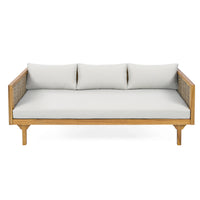 Claremont 3 Seater Daybed With Rattan Arms Light Grey Cushion Teak Wood Fabric Rattan