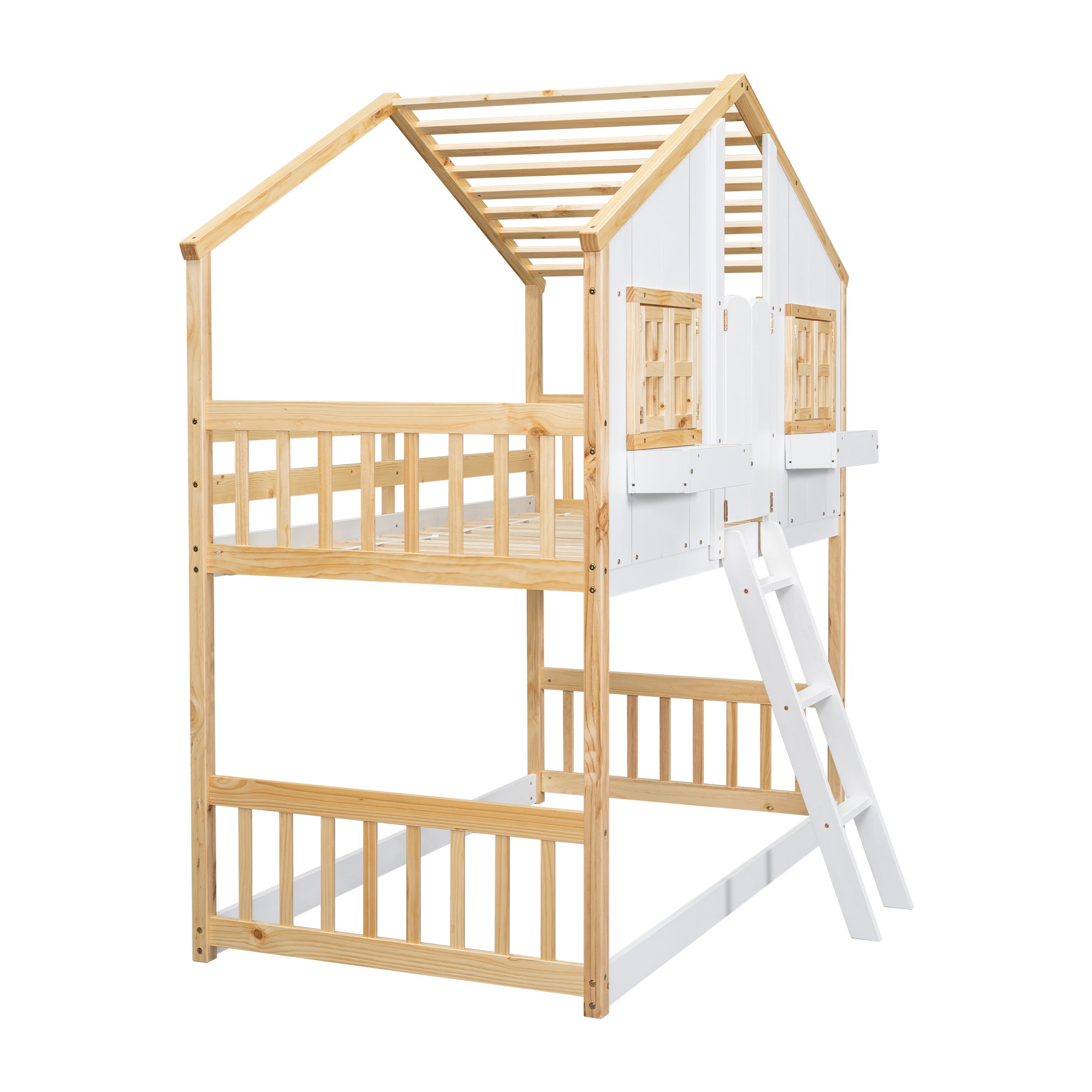 Twin Over Twin House Bunk Bed With Roofwindow, Window Box, Doorwith Safety Guardrails And Ladder, Natural White Twin Natural White Pine