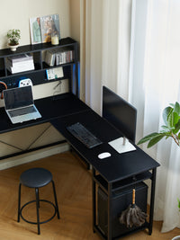 94.5 Inch Home Office Desk L Shape Gaming Desk With Led Storage Shelves Metal Pannel And Stool Black Black Marble Metal