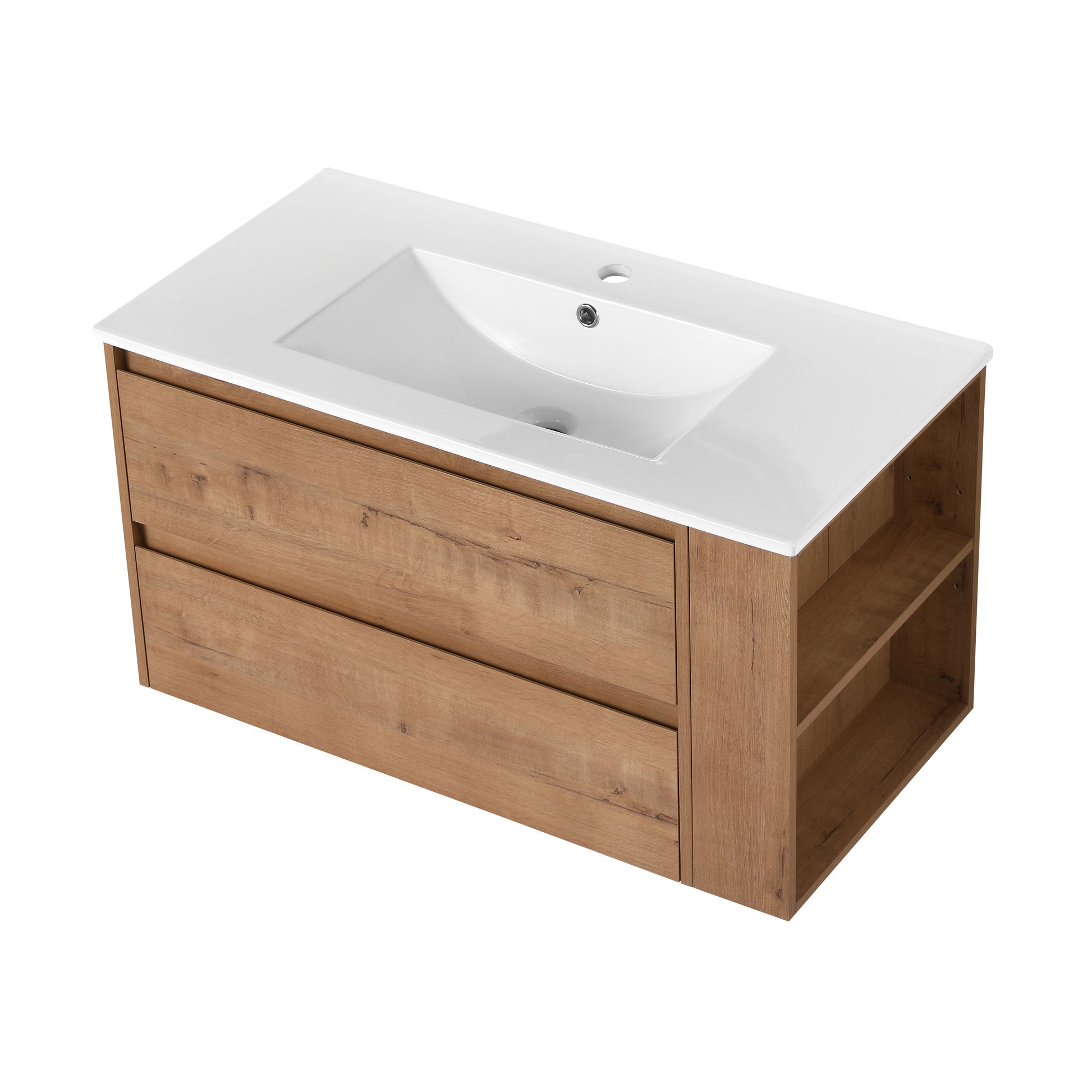 36" Wall Mounting Bathroom Vanity With Ceramic Sink, Soft Close Drawer 2 Imitative Oak 1 Bathroom Wall Mounted Modern Plywood